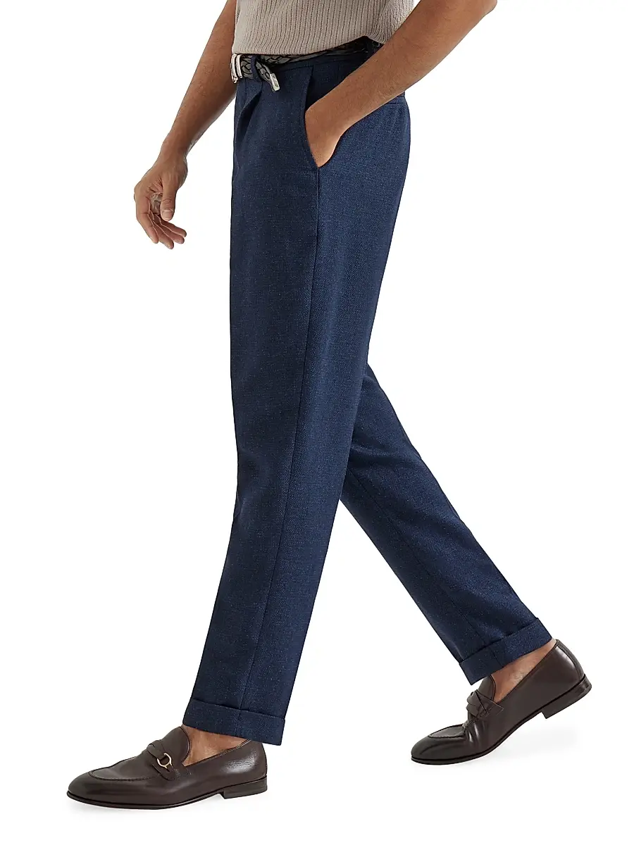 Brunello Cucinelli Men's Silk, Linen and Wool Hopsack Pleated Trousers - Navy Blue | Thumbnail 3 Brunello Cucinelli Men's Silk, Linen and Wool Hopsack Pleated Trousers - Navy Blue | Thumbnail 3