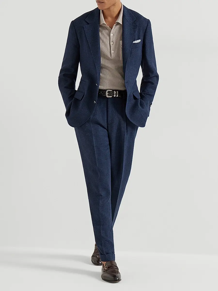 Brunello Cucinelli Men's Silk, Linen and Wool Hopsack Pleated Trousers - Navy Blue | Thumbnail 6 Brunello Cucinelli Men's Silk, Linen and Wool Hopsack Pleated Trousers - Navy Blue | Thumbnail 6