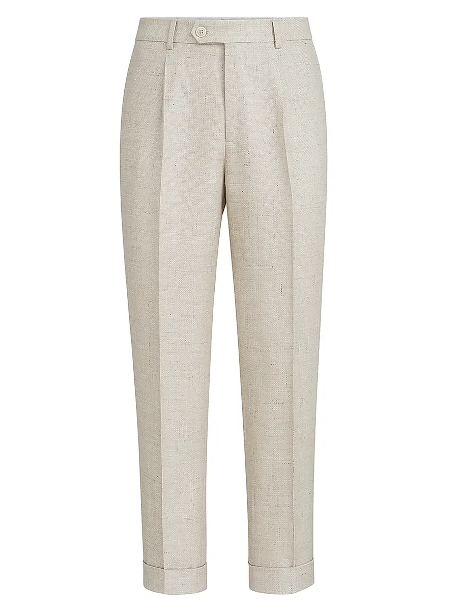 Brunello Cucinelli Men's Silk, Linen and Wool Hopsack Pleated Trousers - Navy Blue | Thumbnail 7 Brunello Cucinelli Men's Silk, Linen and Wool Hopsack Pleated Trousers - Navy Blue | Thumbnail 7