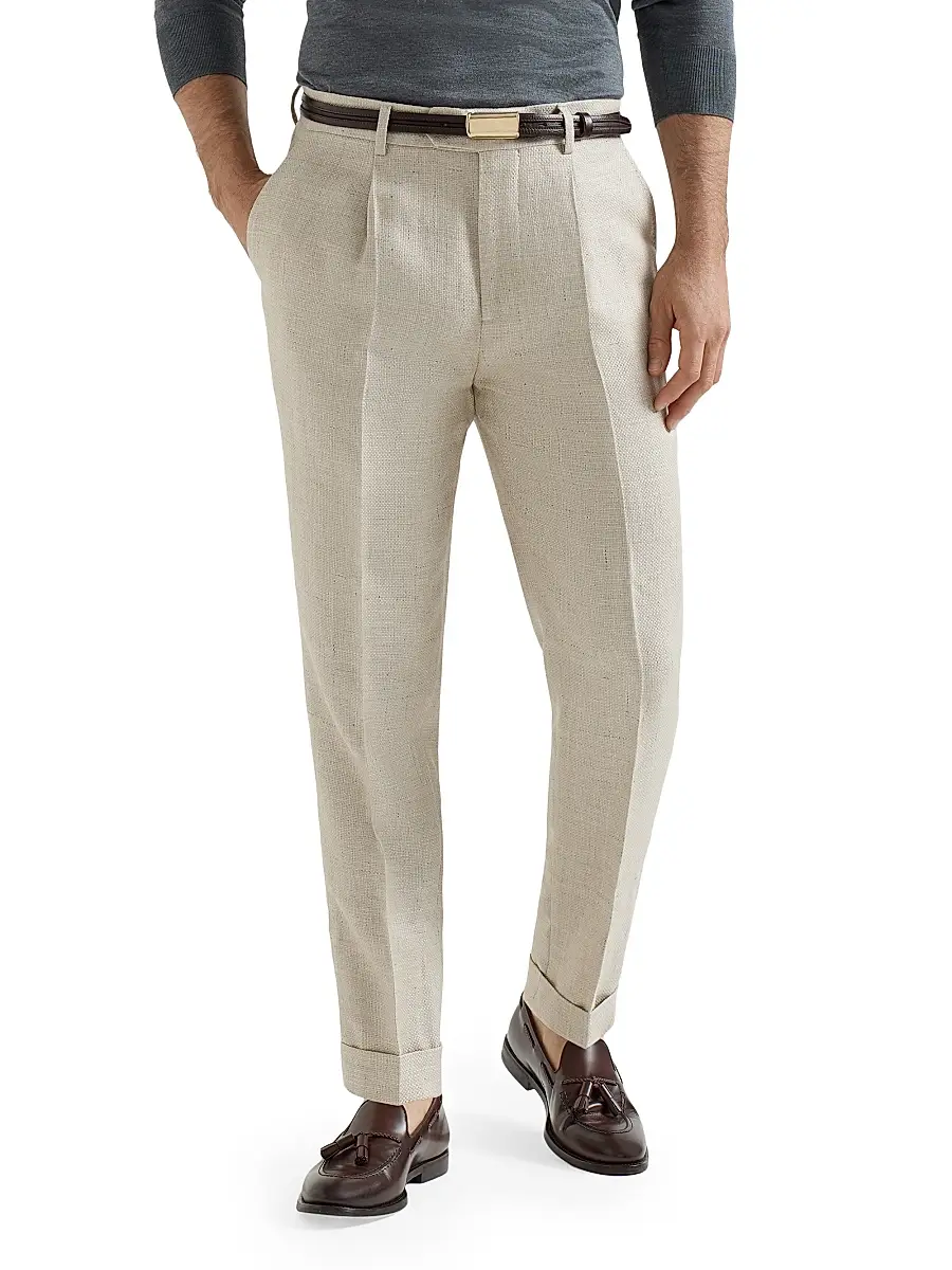 Brunello Cucinelli Men's Silk, Linen and Wool Hopsack Pleated Trousers - Navy Blue | Thumbnail 8 Brunello Cucinelli Men's Silk, Linen and Wool Hopsack Pleated Trousers - Navy Blue | Thumbnail 8