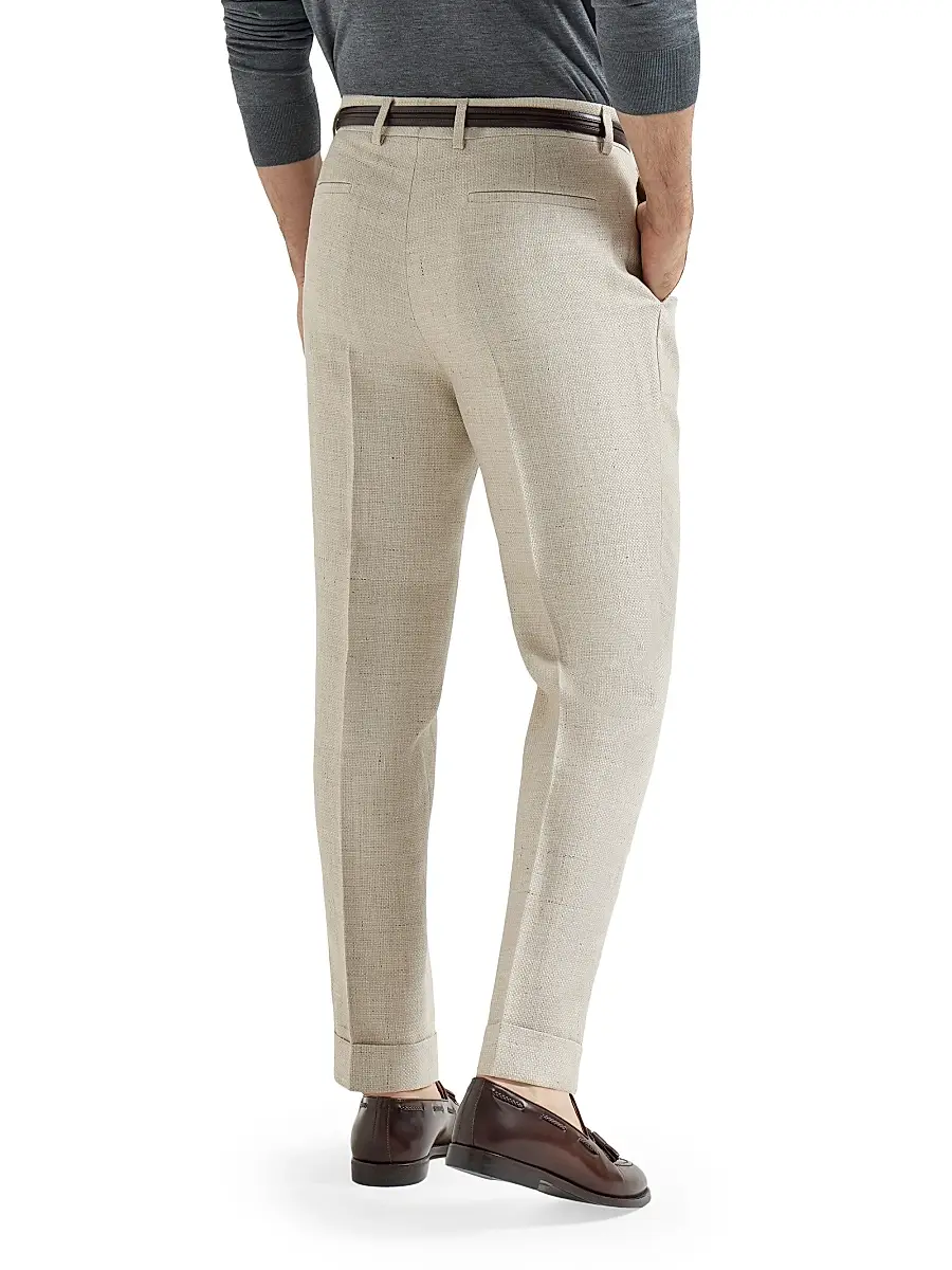 Brunello Cucinelli Men's Silk, Linen and Wool Hopsack Pleated Trousers - Navy Blue | Thumbnail 9 Brunello Cucinelli Men's Silk, Linen and Wool Hopsack Pleated Trousers - Navy Blue | Thumbnail 9