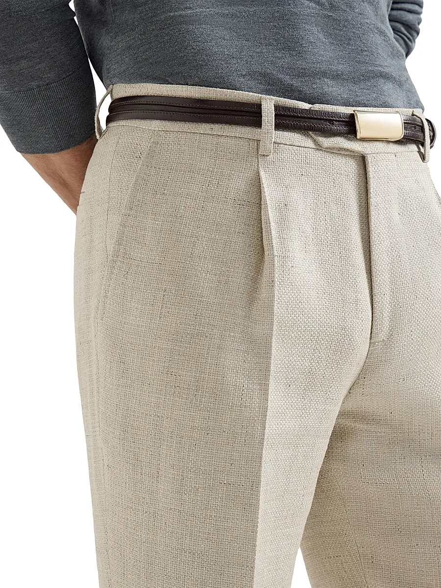 Brunello Cucinelli Men's Silk, Linen and Wool Hopsack Pleated Trousers - Navy Blue | Thumbnail 10 Brunello Cucinelli Men's Silk, Linen and Wool Hopsack Pleated Trousers - Navy Blue | Thumbnail 10
