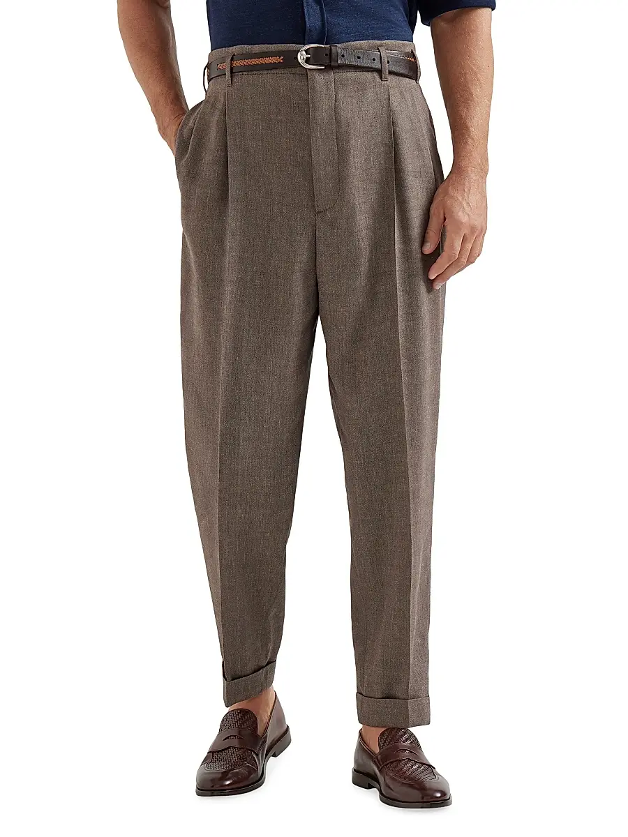 Brunello Cucinelli Men's Linen and Virgin Wool Chevron Trousers with Double Pleats | Thumbnail 2