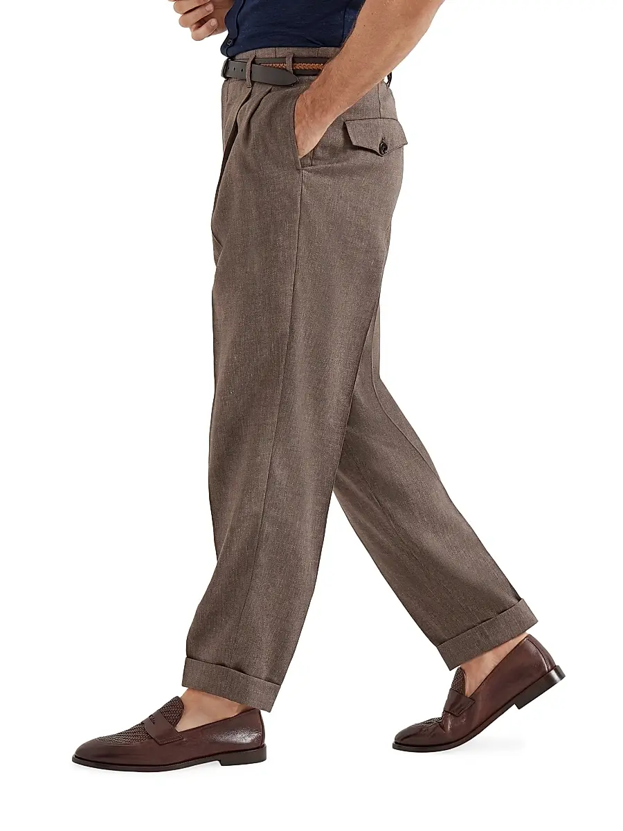 Brunello Cucinelli Men's Linen and Virgin Wool Chevron Trousers with Double Pleats | Thumbnail 3