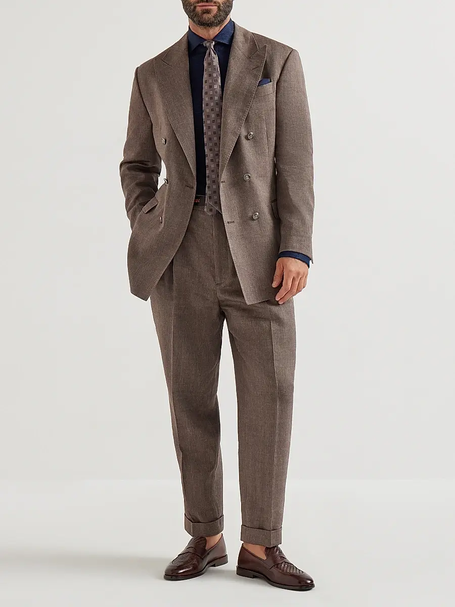 Brunello Cucinelli Men's Linen and Virgin Wool Chevron Trousers with Double Pleats | Thumbnail 6