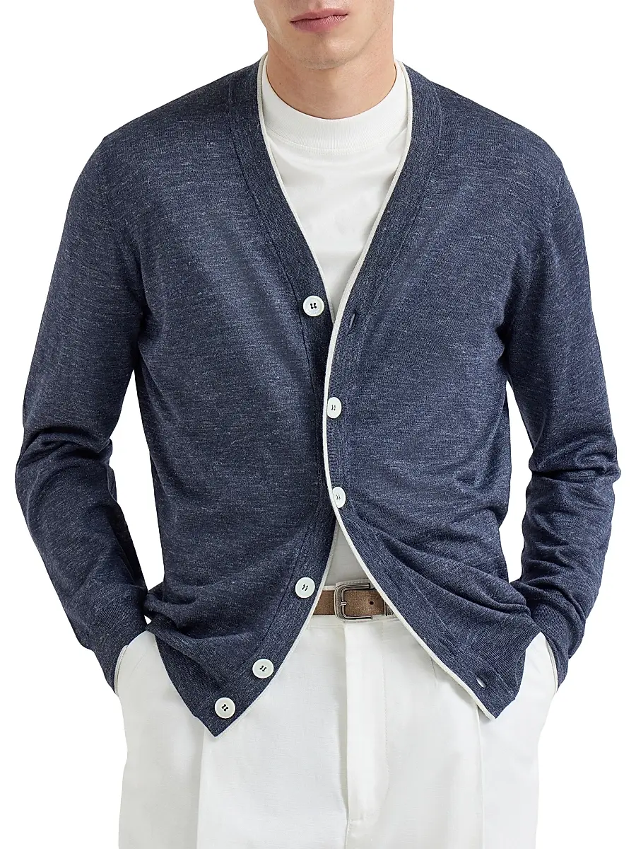 Brunello Cucinelli Men's Cashmere, Silk and Hemp Lightweight Cardigan | Thumbnail 2