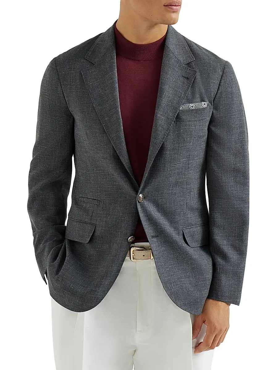 Brunello Cucinelli Men's Wool, Silk and Linen Slubbed Fresco Deconstructed Blazer with Metal Buttons - Dark Grey | Image 1 Brunello Cucinelli Men's Wool, Silk and Linen Slubbed Fresco Deconstructed Blazer with Metal Buttons - Dark Grey | Image 1