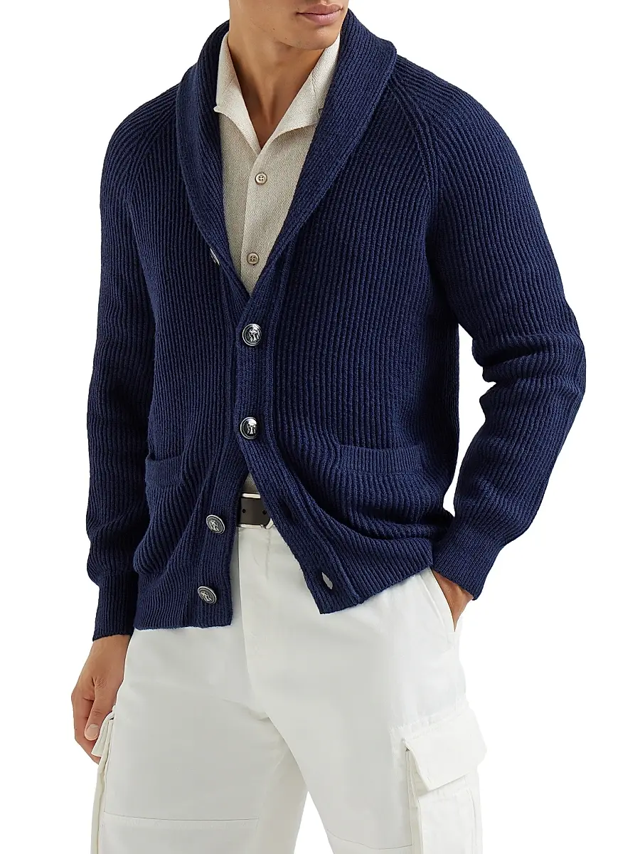 Brunello Cucinelli Men's Malfilé Cotton English Rib Cardigan with Raglan Sleeves - Navy Blue | Thumbnail 2 Brunello Cucinelli Men's Malfilé Cotton English Rib Cardigan with Raglan Sleeves - Navy Blue | Thumbnail 2