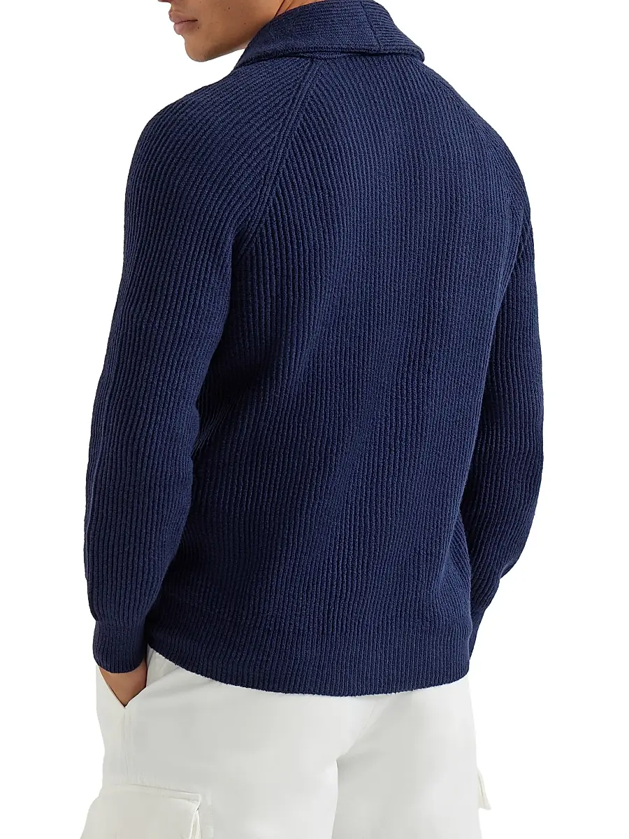 Brunello Cucinelli Men's Malfilé Cotton English Rib Cardigan with Raglan Sleeves - Navy Blue | Thumbnail 3 Brunello Cucinelli Men's Malfilé Cotton English Rib Cardigan with Raglan Sleeves - Navy Blue | Thumbnail 3