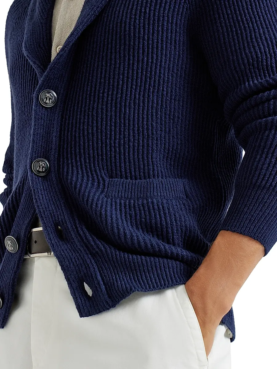 Brunello Cucinelli Men's Malfilé Cotton English Rib Cardigan with Raglan Sleeves - Navy Blue | Thumbnail 4 Brunello Cucinelli Men's Malfilé Cotton English Rib Cardigan with Raglan Sleeves - Navy Blue | Thumbnail 4