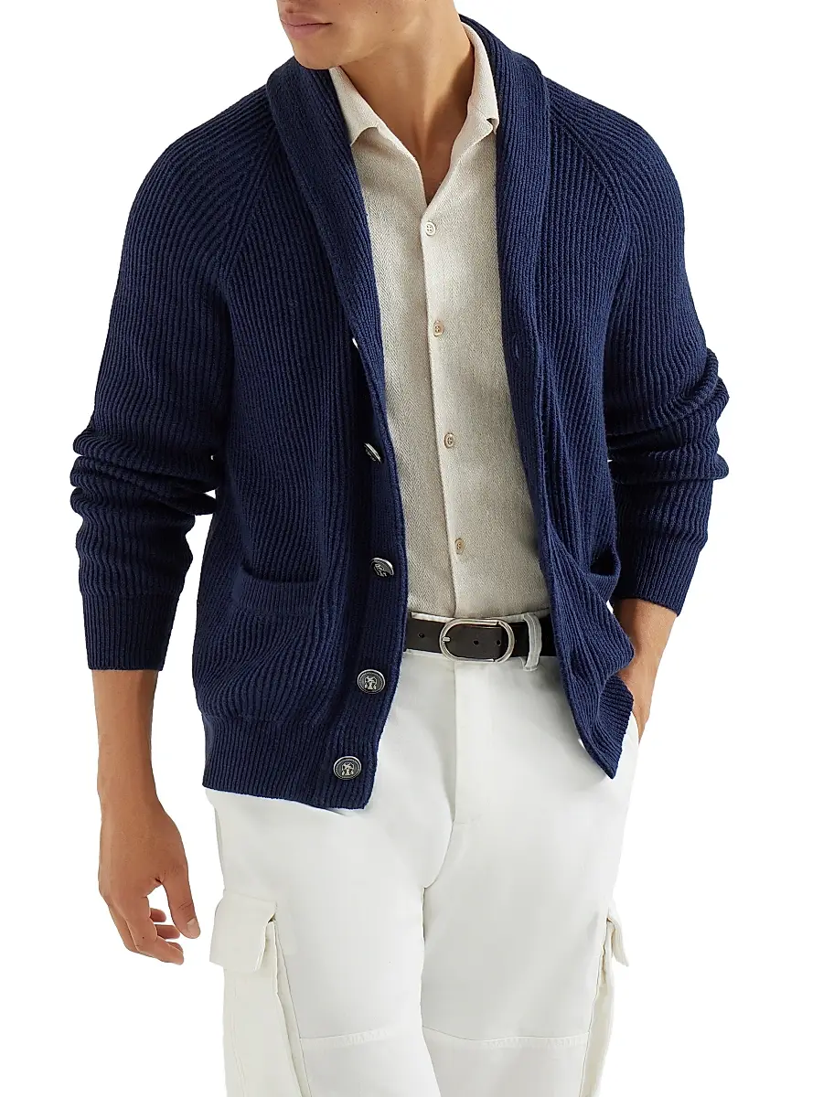 Brunello Cucinelli Men's Malfilé Cotton English Rib Cardigan with Raglan Sleeves - Navy Blue | Thumbnail 5 Brunello Cucinelli Men's Malfilé Cotton English Rib Cardigan with Raglan Sleeves - Navy Blue | Thumbnail 5
