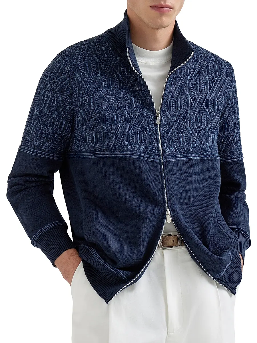 Brunello Cucinelli Men's Cotton Cardigan with Jacquard Cable Shoulder - Navy Blue | Thumbnail 2 Brunello Cucinelli Men's Cotton Cardigan with Jacquard Cable Shoulder - Navy Blue | Thumbnail 2