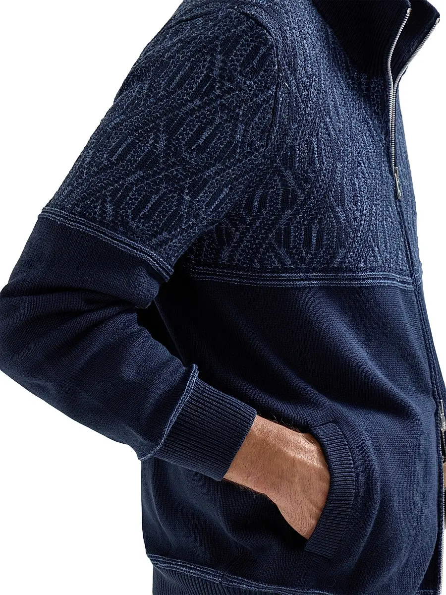 Brunello Cucinelli Men's Cotton Cardigan with Jacquard Cable Shoulder - Navy Blue | Thumbnail 4 Brunello Cucinelli Men's Cotton Cardigan with Jacquard Cable Shoulder - Navy Blue | Thumbnail 4