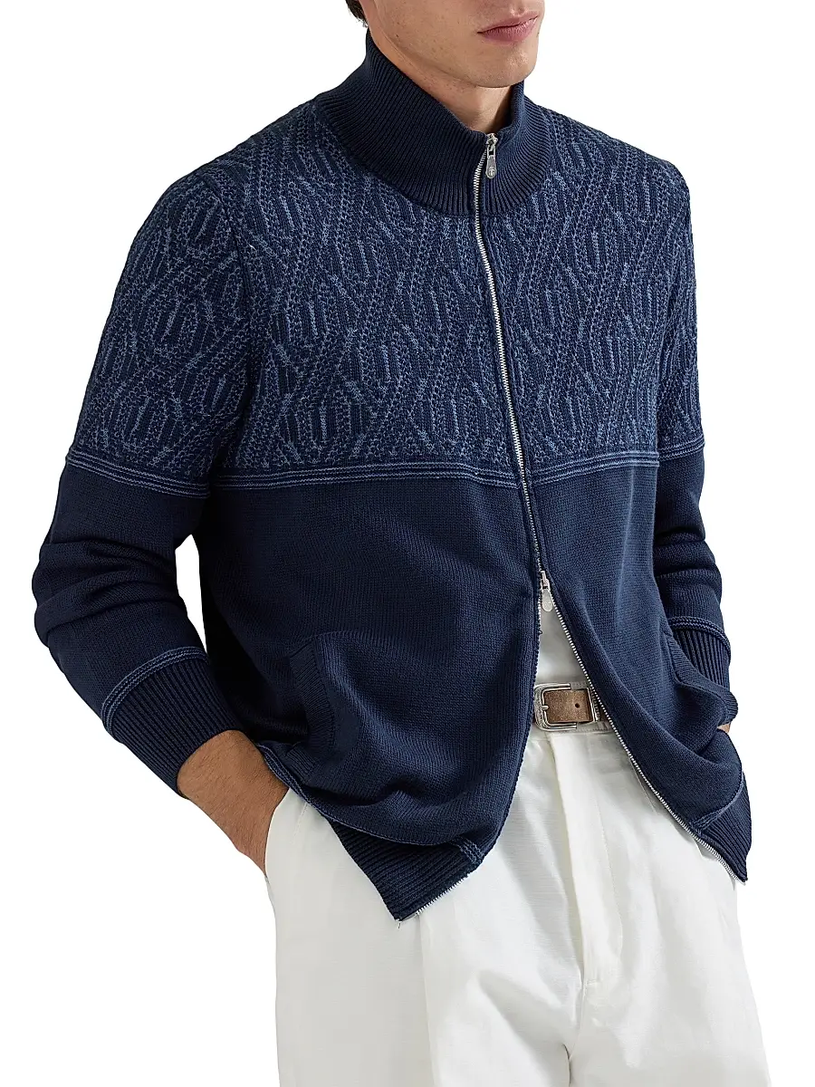 Brunello Cucinelli Men's Cotton Cardigan with Jacquard Cable Shoulder - Navy Blue | Thumbnail 5 Brunello Cucinelli Men's Cotton Cardigan with Jacquard Cable Shoulder - Navy Blue | Thumbnail 5