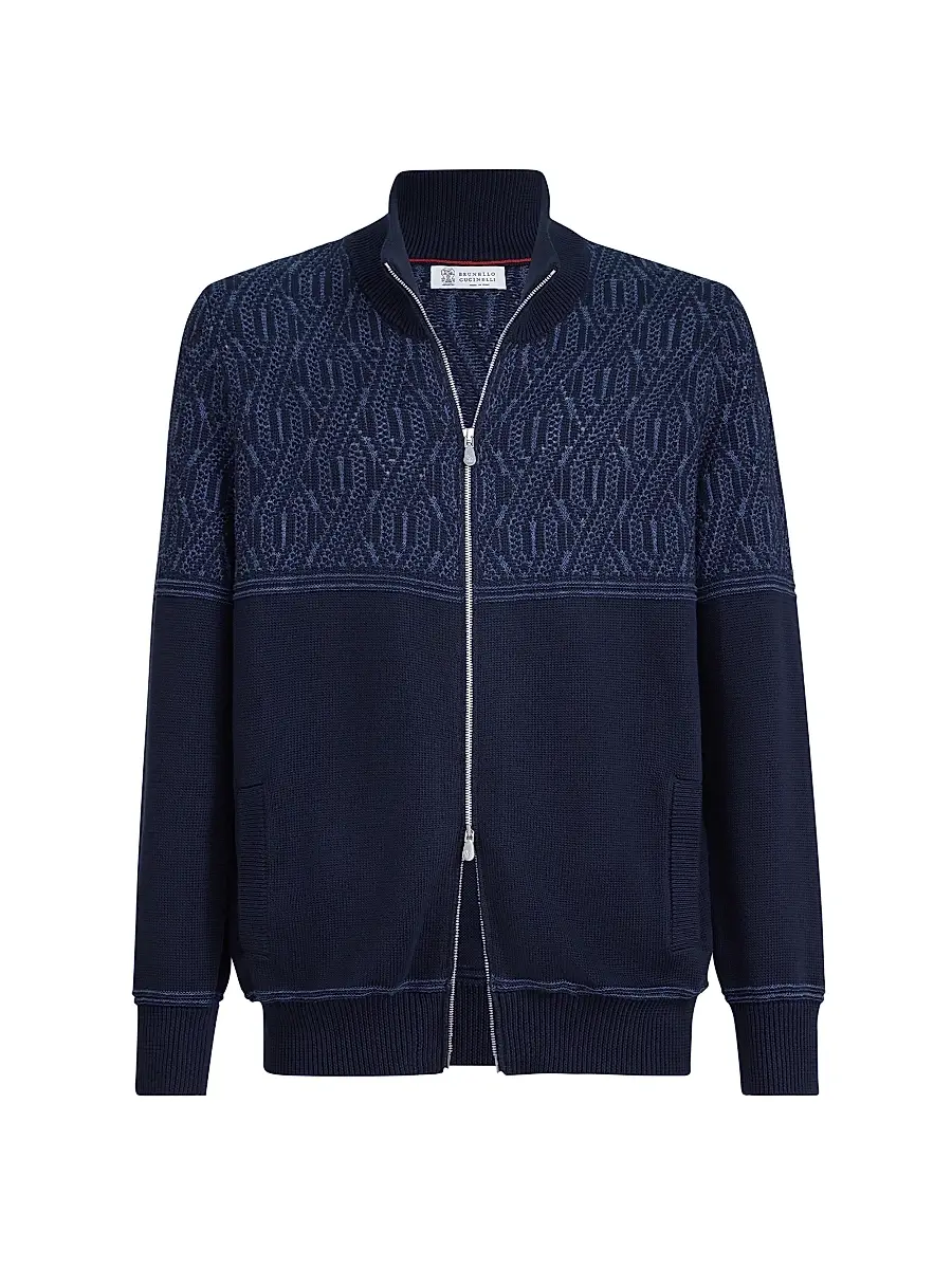 Men's Cotton Cardigan with Jacquard Cable Shoulder - Navy Blue Men's Cotton Cardigan with Jacquard Cable Shoulder - Navy Blue