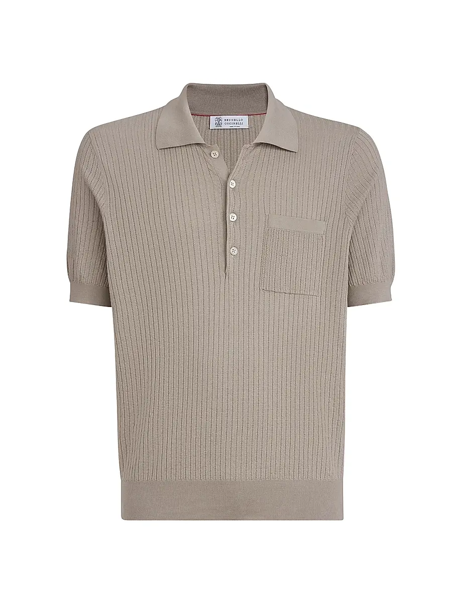 Brunello Cucinelli Men's Cotton Textured Rib Lightweight Knit Polo Shirt - Dove | Image 1 Brunello Cucinelli Men's Cotton Textured Rib Lightweight Knit Polo Shirt - Dove | Image 1