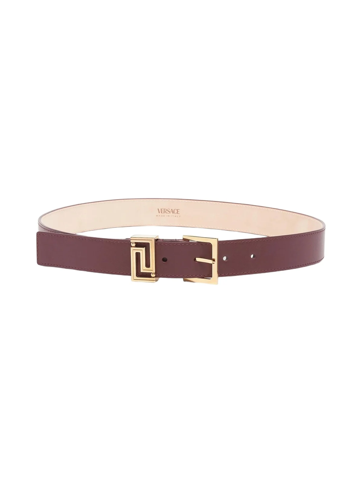 Women's Leather Greek Key Logo Belt - Dark Burgundy Gold Women's Leather Greek Key Logo Belt - Dark Burgundy Gold