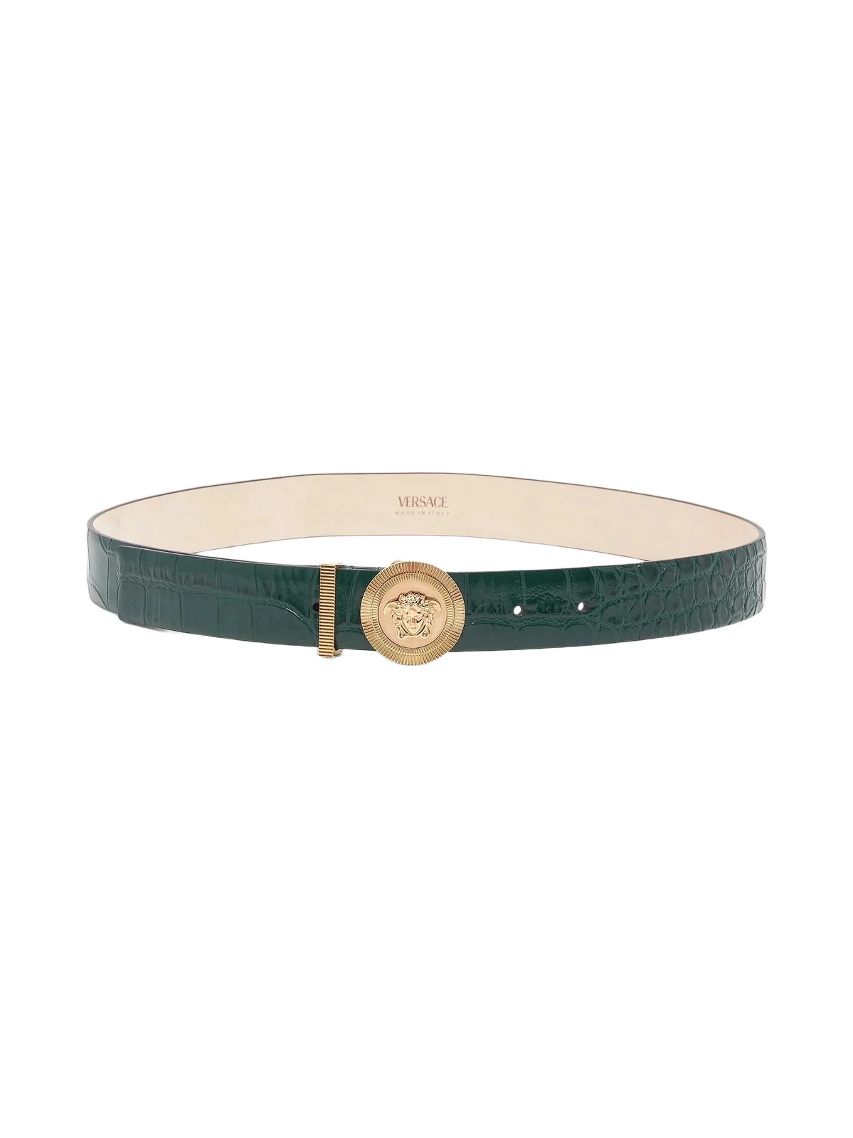 Women's Croc-Embossed Leather Medusa Belt - Dark Emerald Gold Women's Croc-Embossed Leather Medusa Belt - Dark Emerald Gold