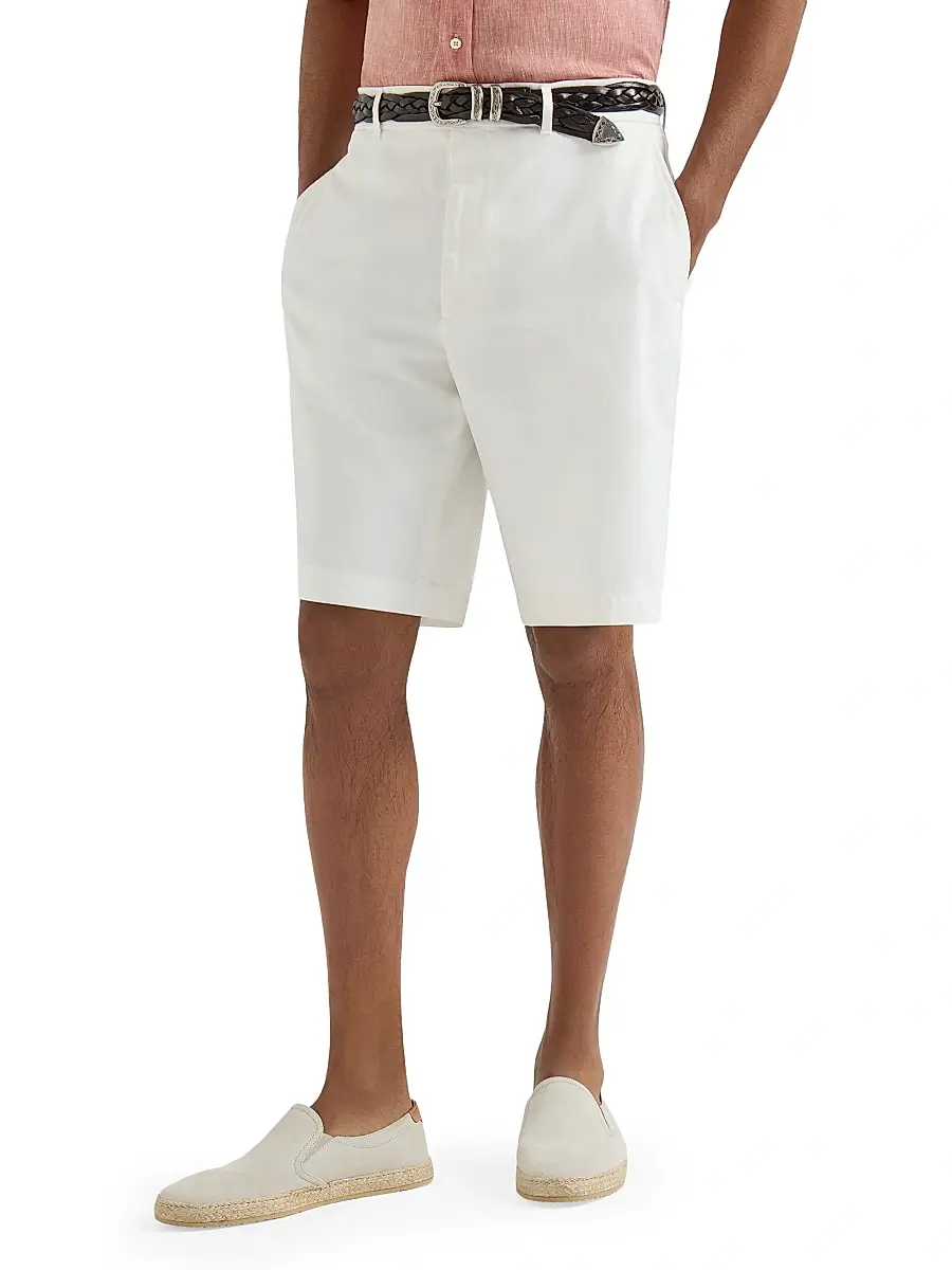 Brunello Cucinelli Men's Garment Dyed Bermuda Shorts in Twisted Cotton Gabardine - White | Thumbnail 2