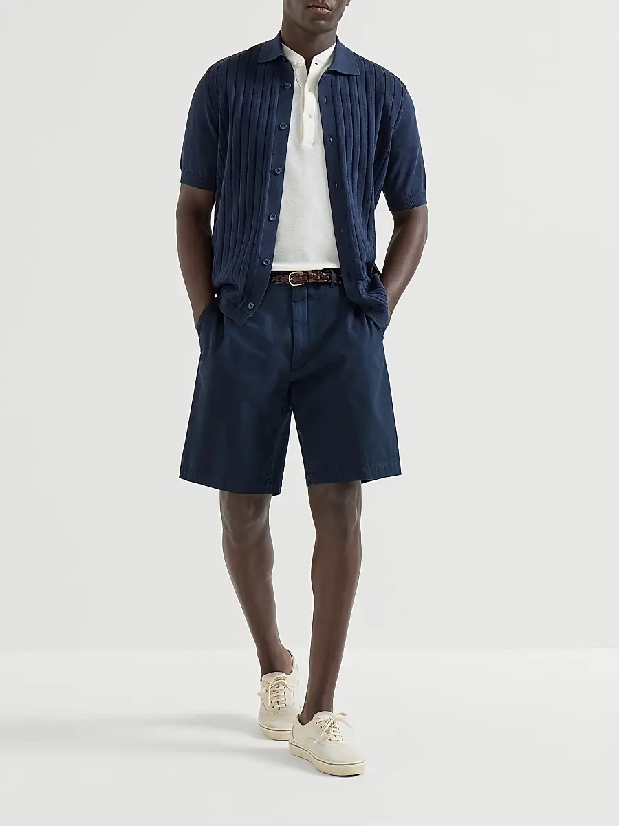 Brunello Cucinelli Men's Garment Dyed Bermuda Shorts in Twisted Cotton Gabardine - White | Thumbnail 12