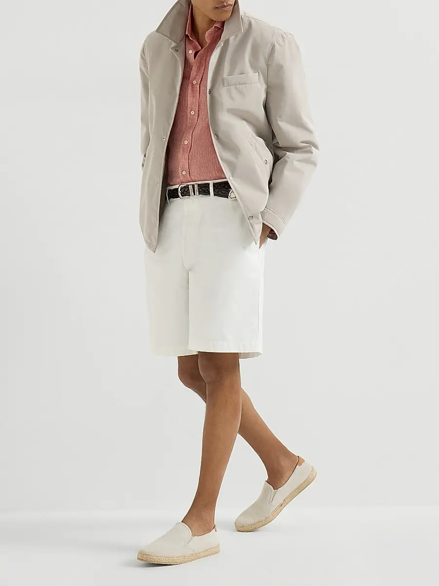 Brunello Cucinelli Men's Garment Dyed Bermuda Shorts in Twisted Cotton Gabardine - White | Thumbnail 6