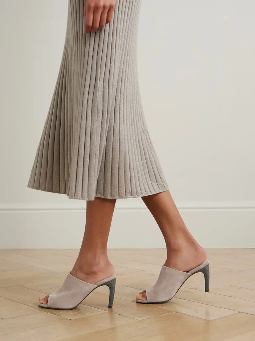 Brunello Cucinelli 80 Bead-embellished Suede Mules | Thumbnail 2