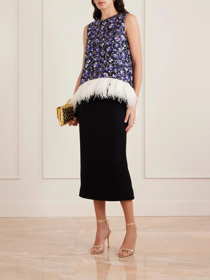 La DoubleJ La Scala Asymmetric Feather-trimmed Metallic Jacquard Top | Thumbnail 2
