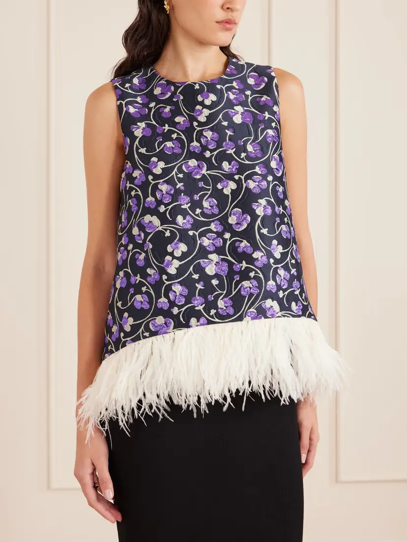 La DoubleJ La Scala Asymmetric Feather-trimmed Metallic Jacquard Top | Thumbnail 3