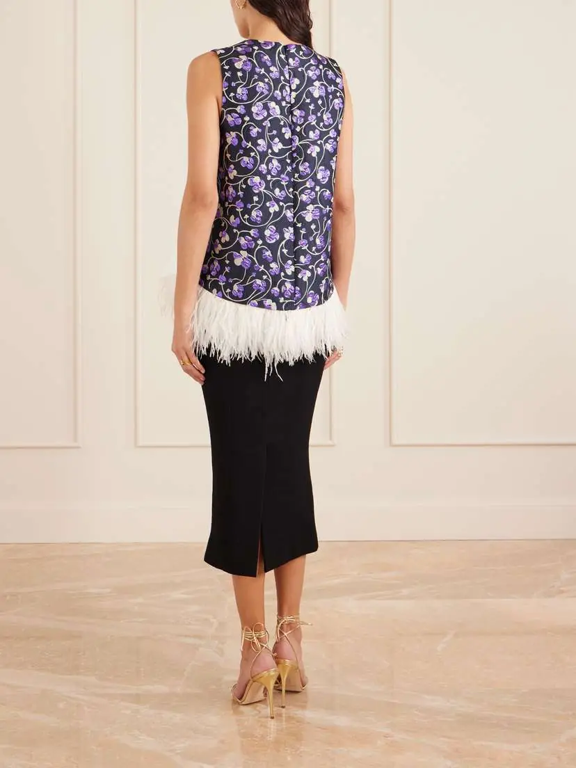La DoubleJ La Scala Asymmetric Feather-trimmed Metallic Jacquard Top | Thumbnail 4