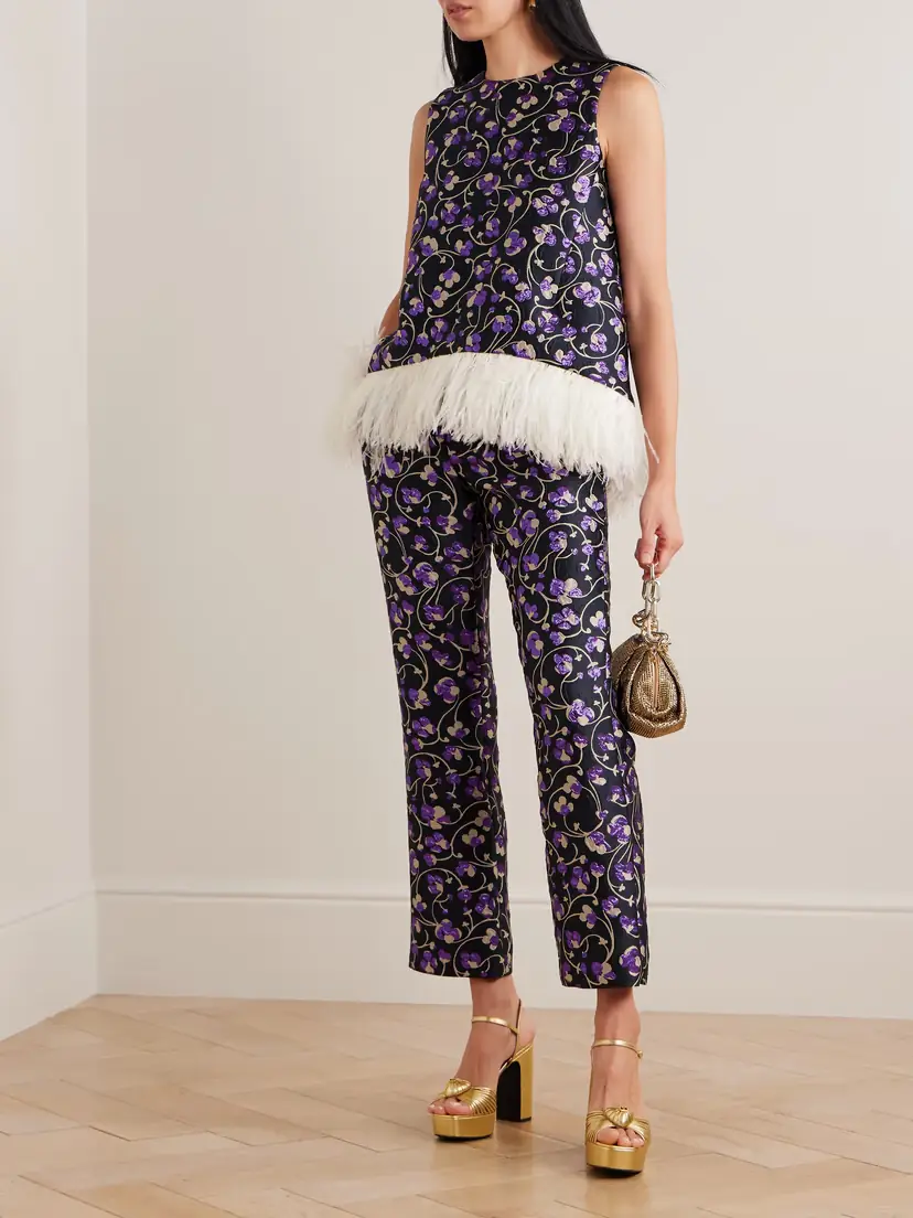 La DoubleJ La Scala Asymmetric Feather-trimmed Metallic Jacquard Top | Thumbnail 5