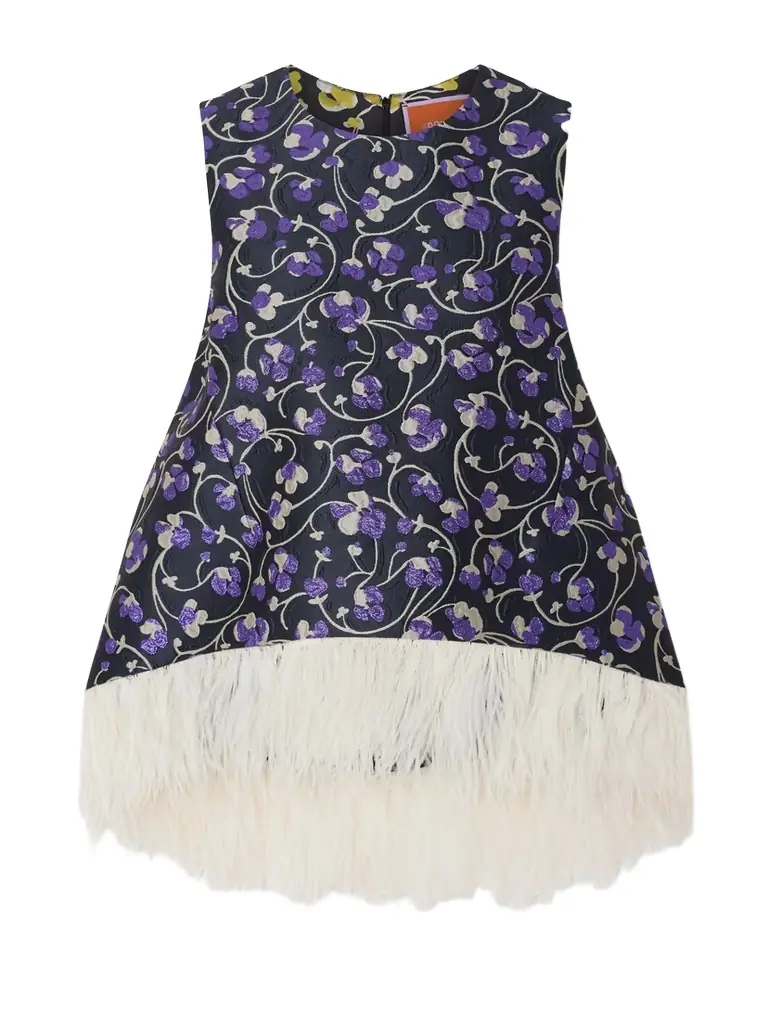 La DoubleJ La Scala Asymmetric Feather-trimmed Metallic Jacquard Top