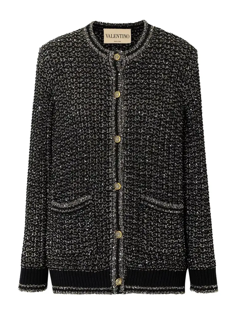 Valentino Garavani Sequin-embellished Metallic Cotton-blend Cardigan | Image 1 Valentino Garavani Sequin-embellished Metallic Cotton-blend Cardigan | Image 1
