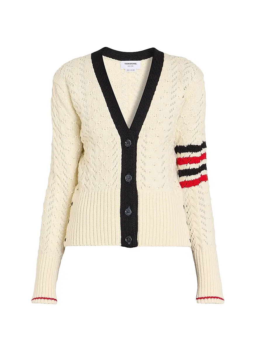 Thom Browne Women's Cable-Pointelle Knit Wool Cardigan - White | Image 1 Thom Browne Women's Cable-Pointelle Knit Wool Cardigan - White | Image 1