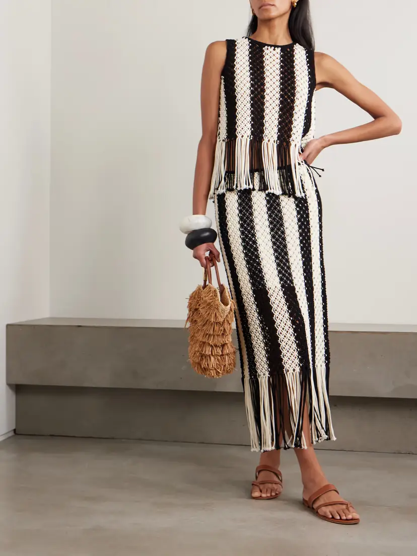 Zimmermann Wanderlust Fringed Striped Macramé Cotton Maxi Skirt | Thumbnail 2