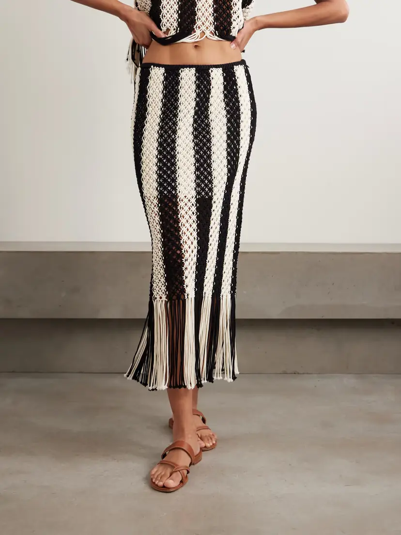 Zimmermann Wanderlust Fringed Striped Macramé Cotton Maxi Skirt | Thumbnail 3