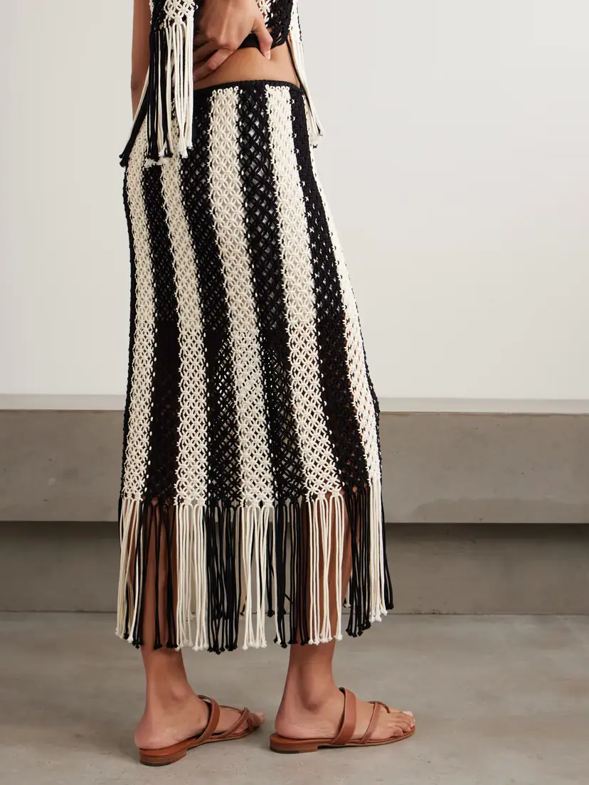 Zimmermann Wanderlust Fringed Striped Macramé Cotton Maxi Skirt | Thumbnail 4