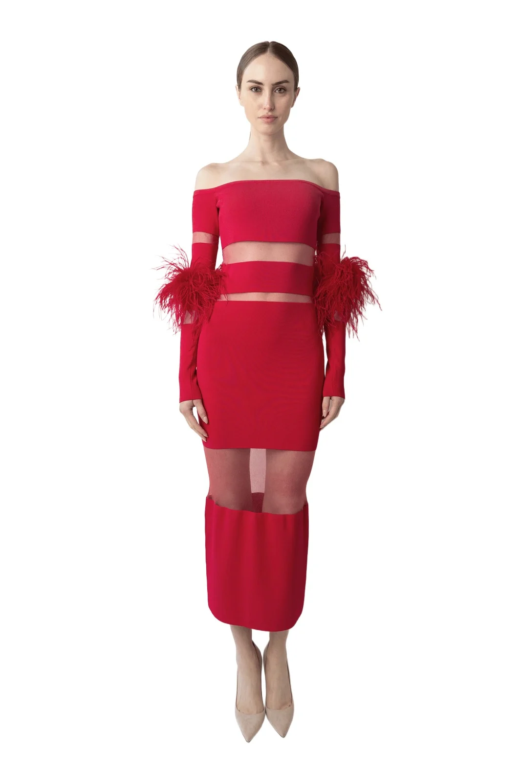 Lapointe Matte Viscose Intarsia Dress With Feathers