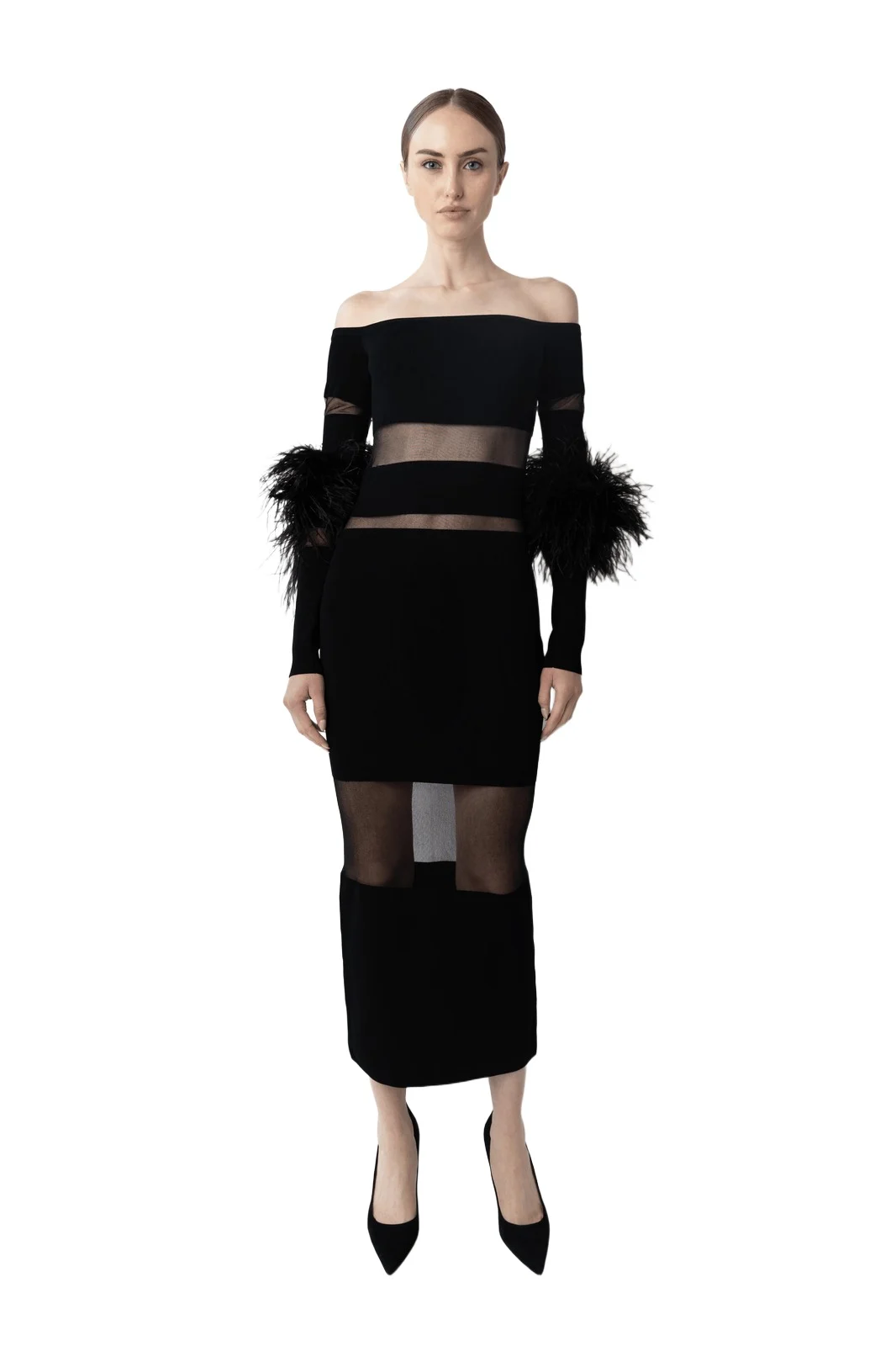 Matte Viscose Intarsia Dress With Feathers
