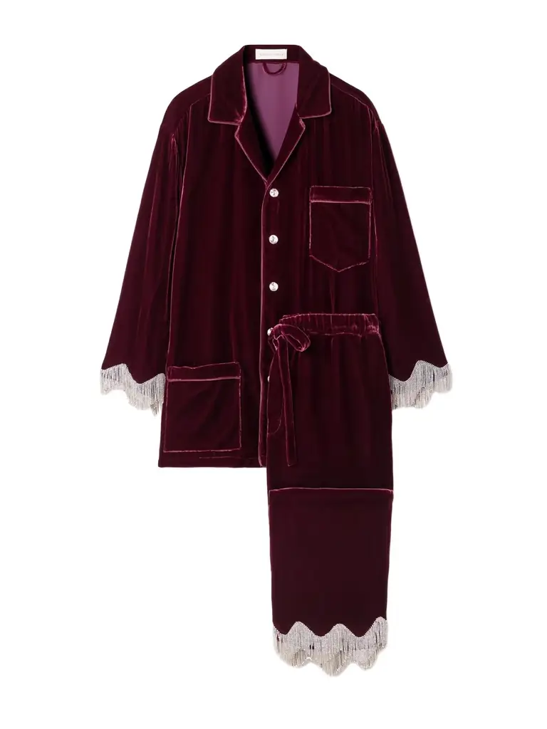 Olivia von Halle Fifi Fringed Crystal-embellished Velvet Pajama Set | Image 1 Olivia von Halle Fifi Fringed Crystal-embellished Velvet Pajama Set | Image 1