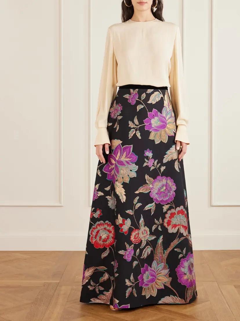 Valentino Garavani Velvet-trimmed Wool-blend Floral-brocade Maxi Skirt | Thumbnail 2