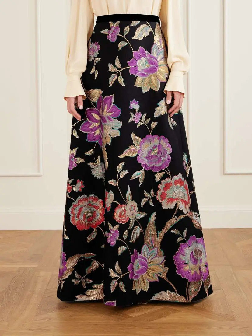 Valentino Garavani Velvet-trimmed Wool-blend Floral-brocade Maxi Skirt | Thumbnail 3