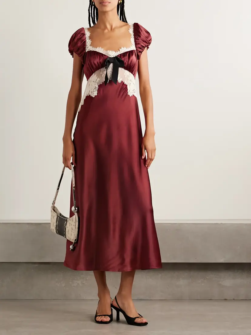 DÔEN Veda Bow-detailed Corded Lace-trimmed Silk-charmeuse Midi Dress | Thumbnail 2