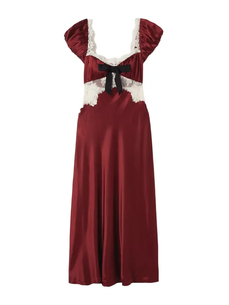 DÔEN Veda Bow-detailed Corded Lace-trimmed Silk-charmeuse Midi Dress | Image 1 DÔEN Veda Bow-detailed Corded Lace-trimmed Silk-charmeuse Midi Dress | Image 1