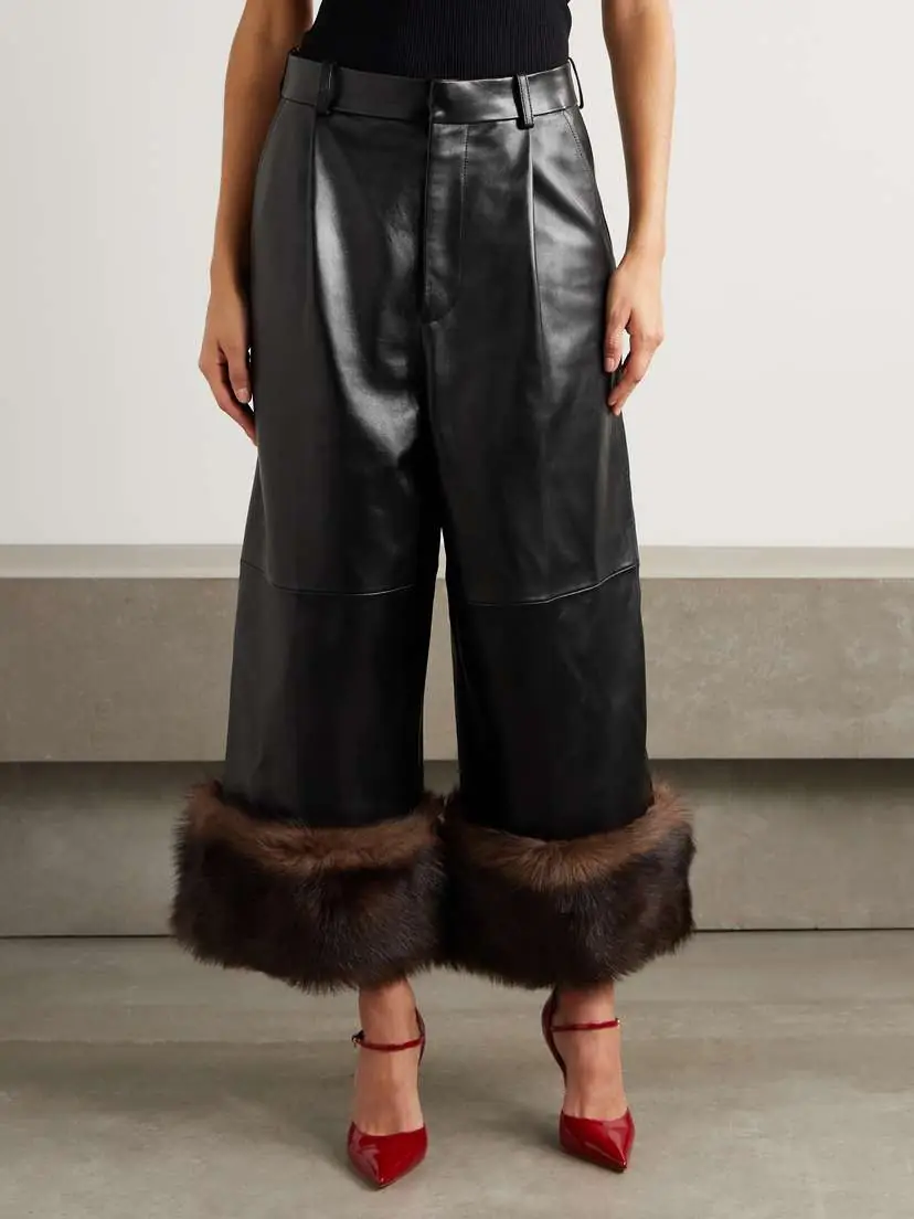 Loewe Convertible Cropped Shearling-trimmed Leather Wide-leg Pants | Thumbnail 3 Loewe Convertible Cropped Shearling-trimmed Leather Wide-leg Pants | Thumbnail 3