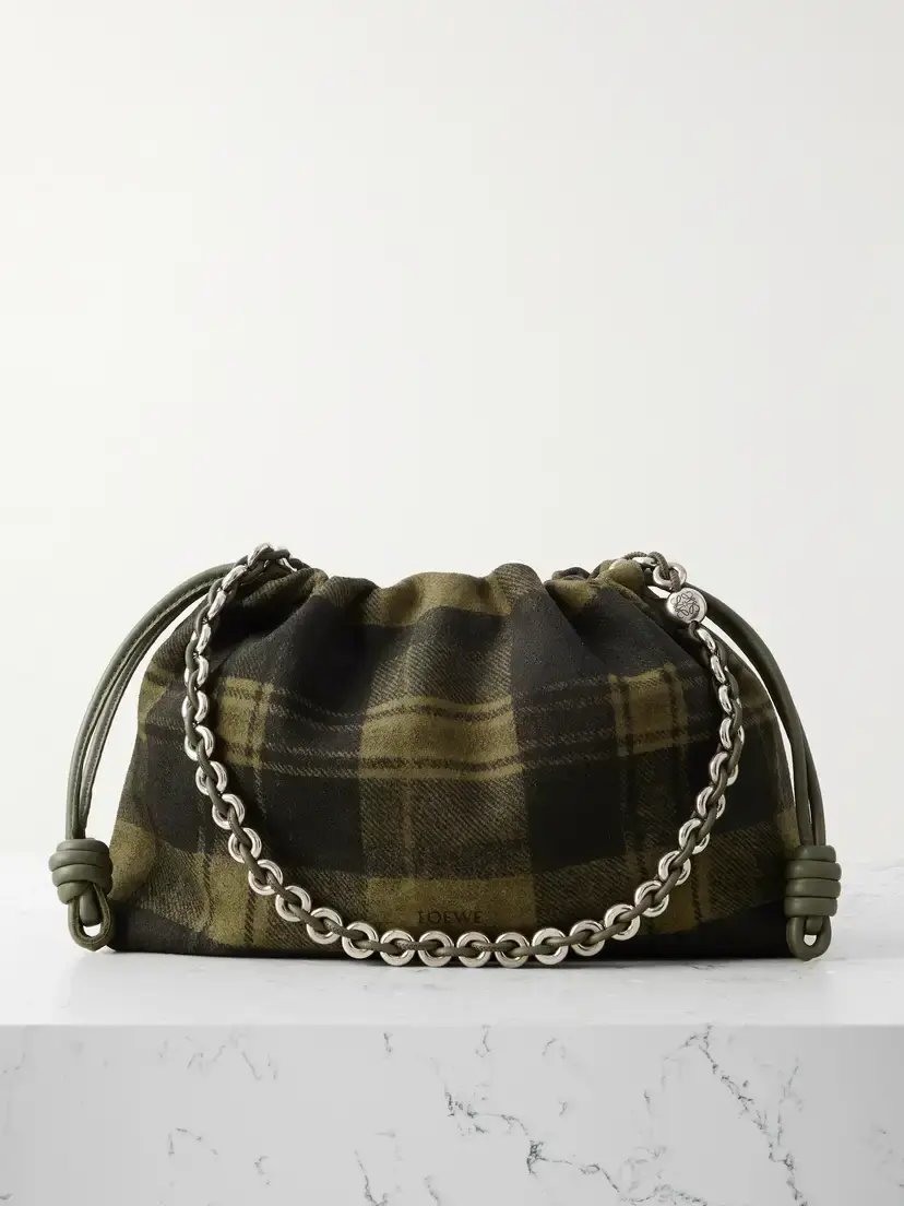 Loewe Flamenco Medium Leather-trimmed Checked Suede Shoulder Bag | Image 1 Loewe Flamenco Medium Leather-trimmed Checked Suede Shoulder Bag | Image 1
