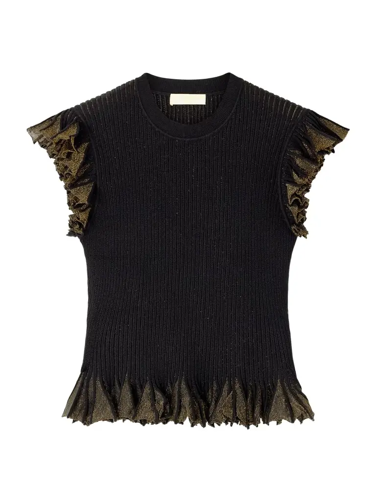 Leila Ruffled Ribbed Metallic-knit Top Leila Ruffled Ribbed Metallic-knit Top