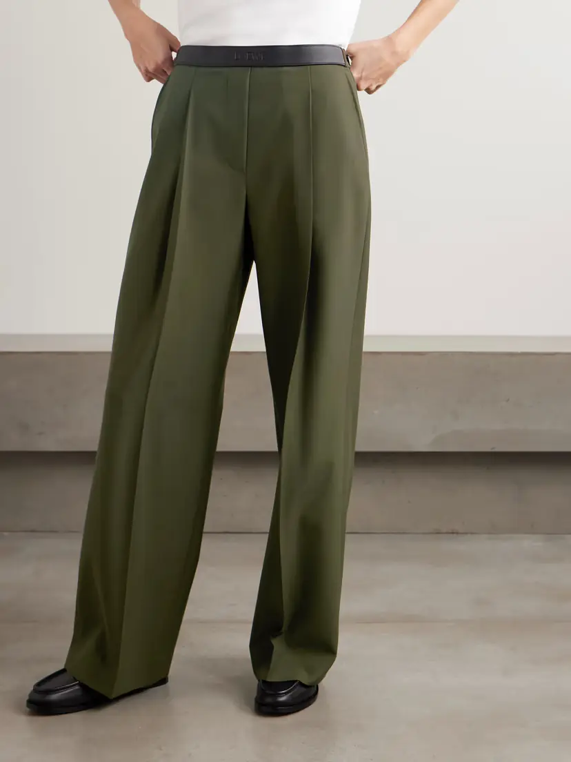 Loewe Leather-trimmed Pleated Grain De Poudre Wool Pants | Thumbnail 3