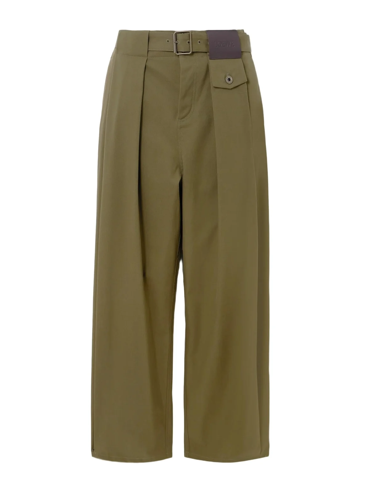 Loewe Belted Leather-trimmed Pleated Cotton And Silk-blend Pants - Green