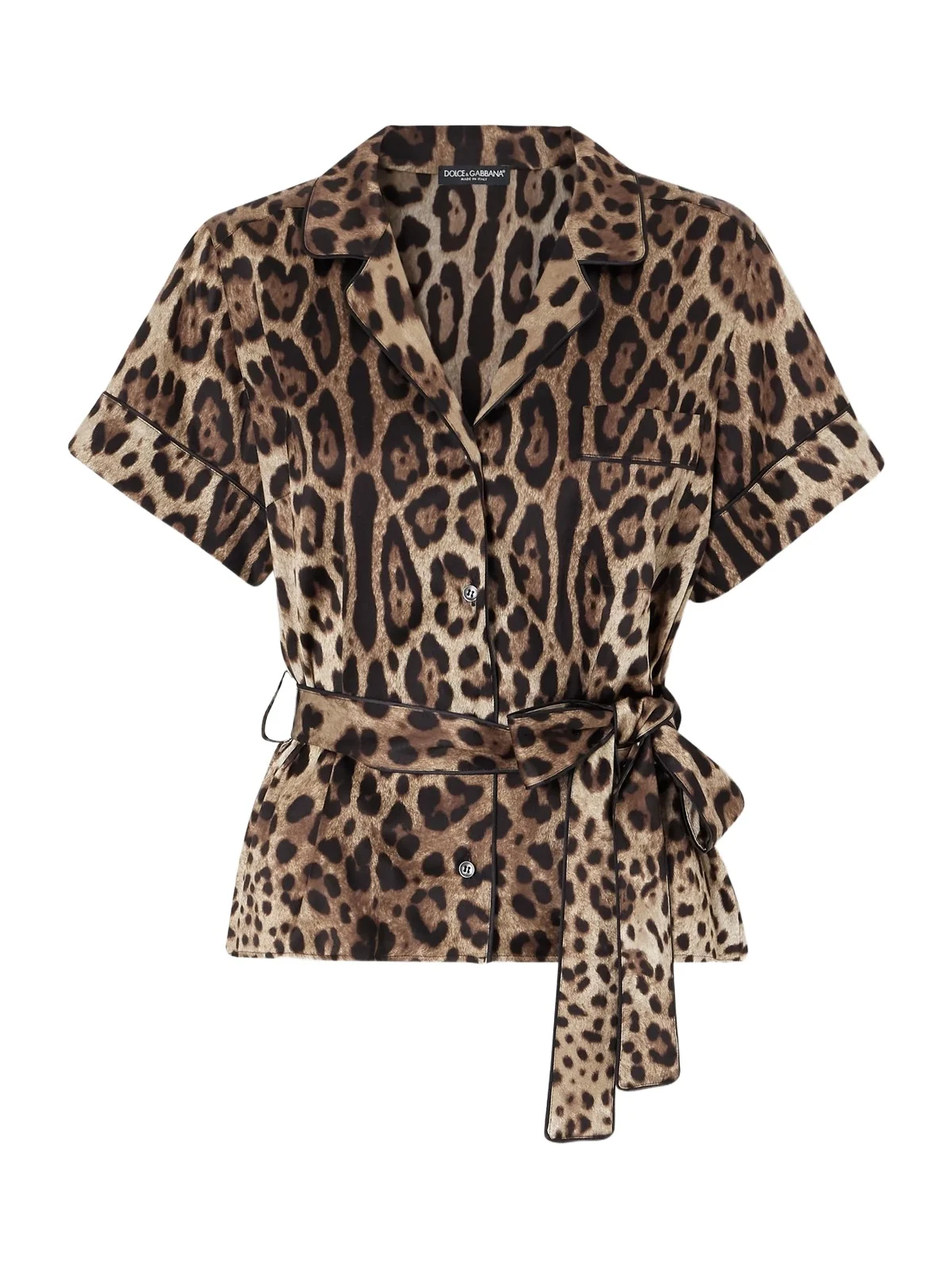 Belted Piped Leopard Print Silk-blend Satin Shirt