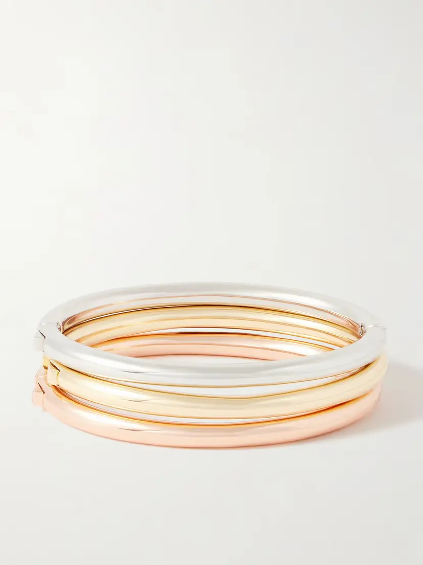 Roxanne Assoulin The Tubular Hinged Set Of Three Gold, Rose Gold And Silver-tone Bracelets | Thumbnail 3 Roxanne Assoulin The Tubular Hinged Set Of Three Gold, Rose Gold And Silver-tone Bracelets | Thumbnail 3